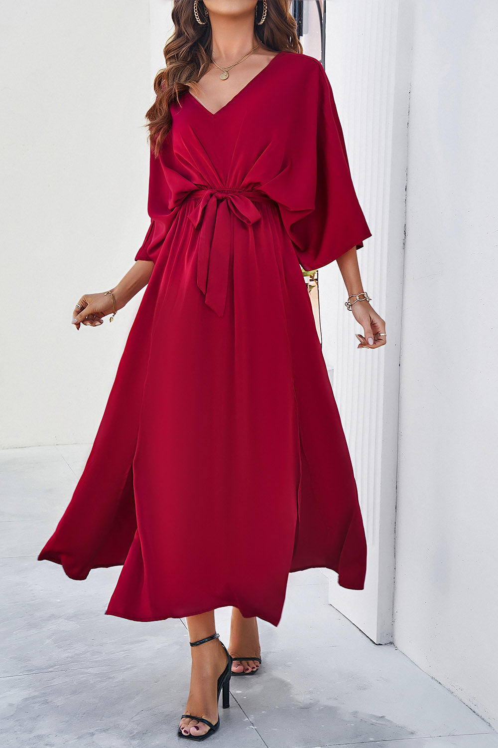Devine Slit Tied V-Neck Three-Quarter Sleeve Dress.