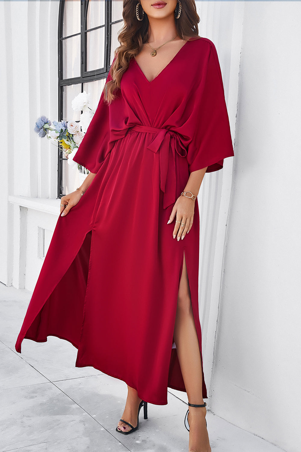 Devine Slit Tied V-Neck Three-Quarter Sleeve Dress.