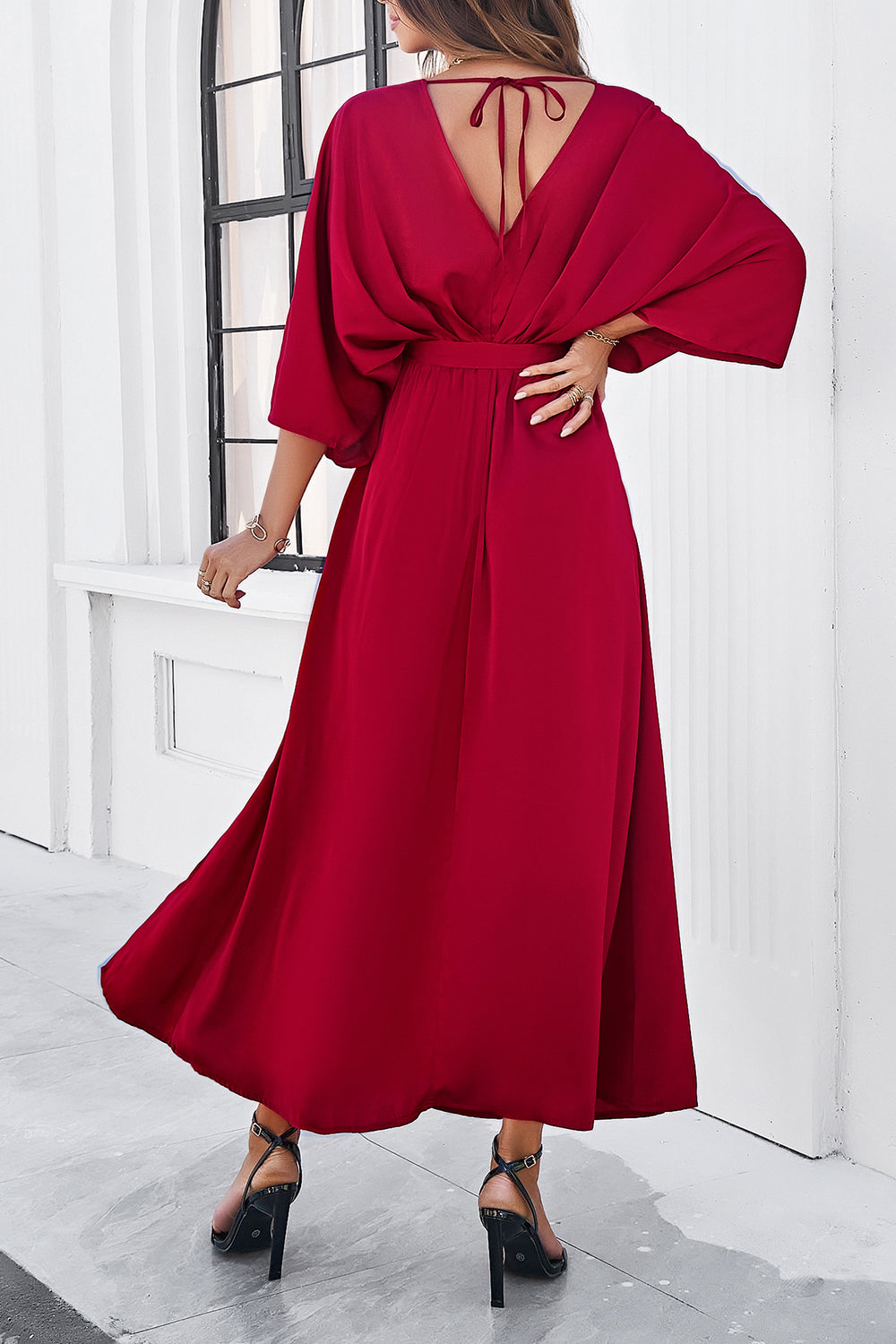 Devine Slit Tied V-Neck Three-Quarter Sleeve Dress.