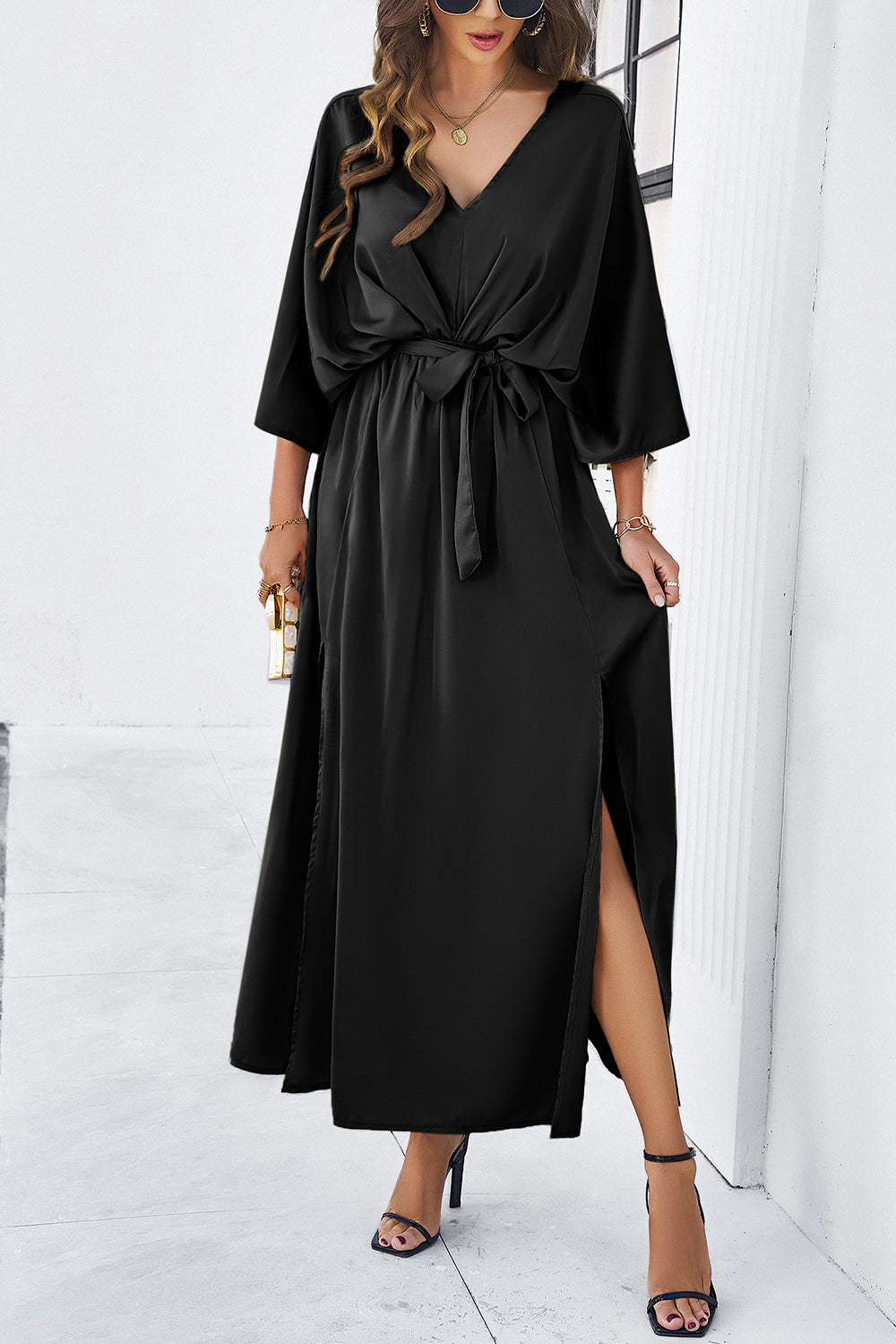 Devine Slit Tied V-Neck Three-Quarter Sleeve Dress.
