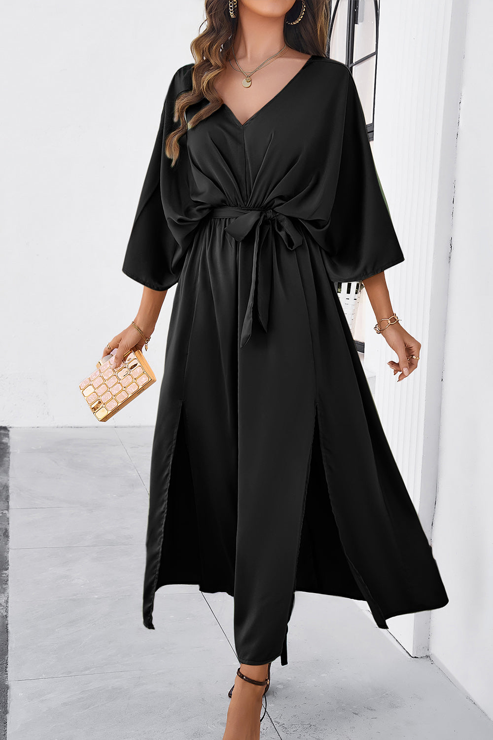 Devine Slit Tied V-Neck Three-Quarter Sleeve Dress.