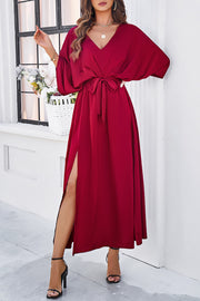 Devine Slit Tied V-Neck Three-Quarter Sleeve Dress.
