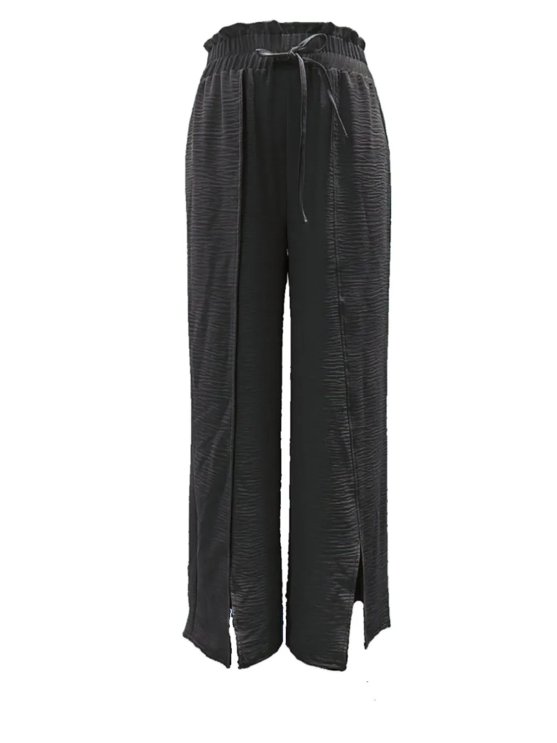 Slit wide leg pants with frill.
