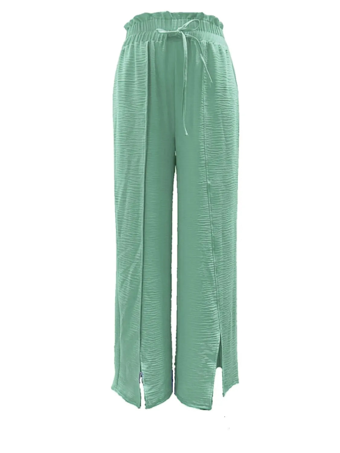 Slit wide leg pants with frill.