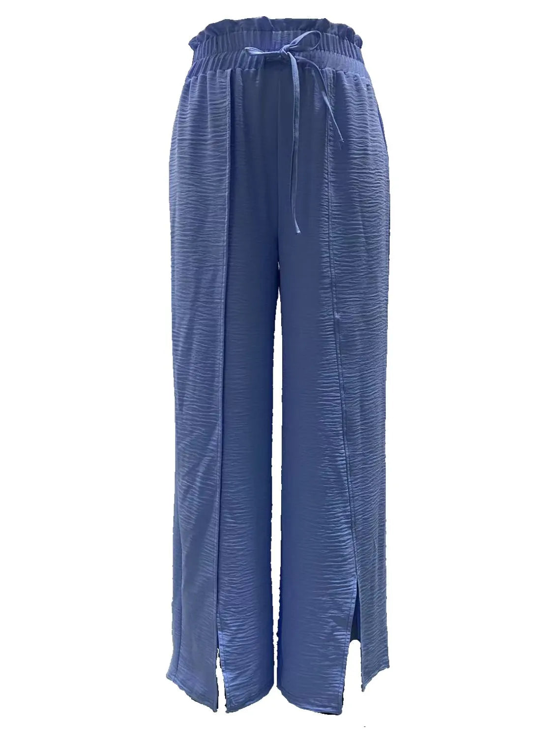 Slit wide leg pants with frill.