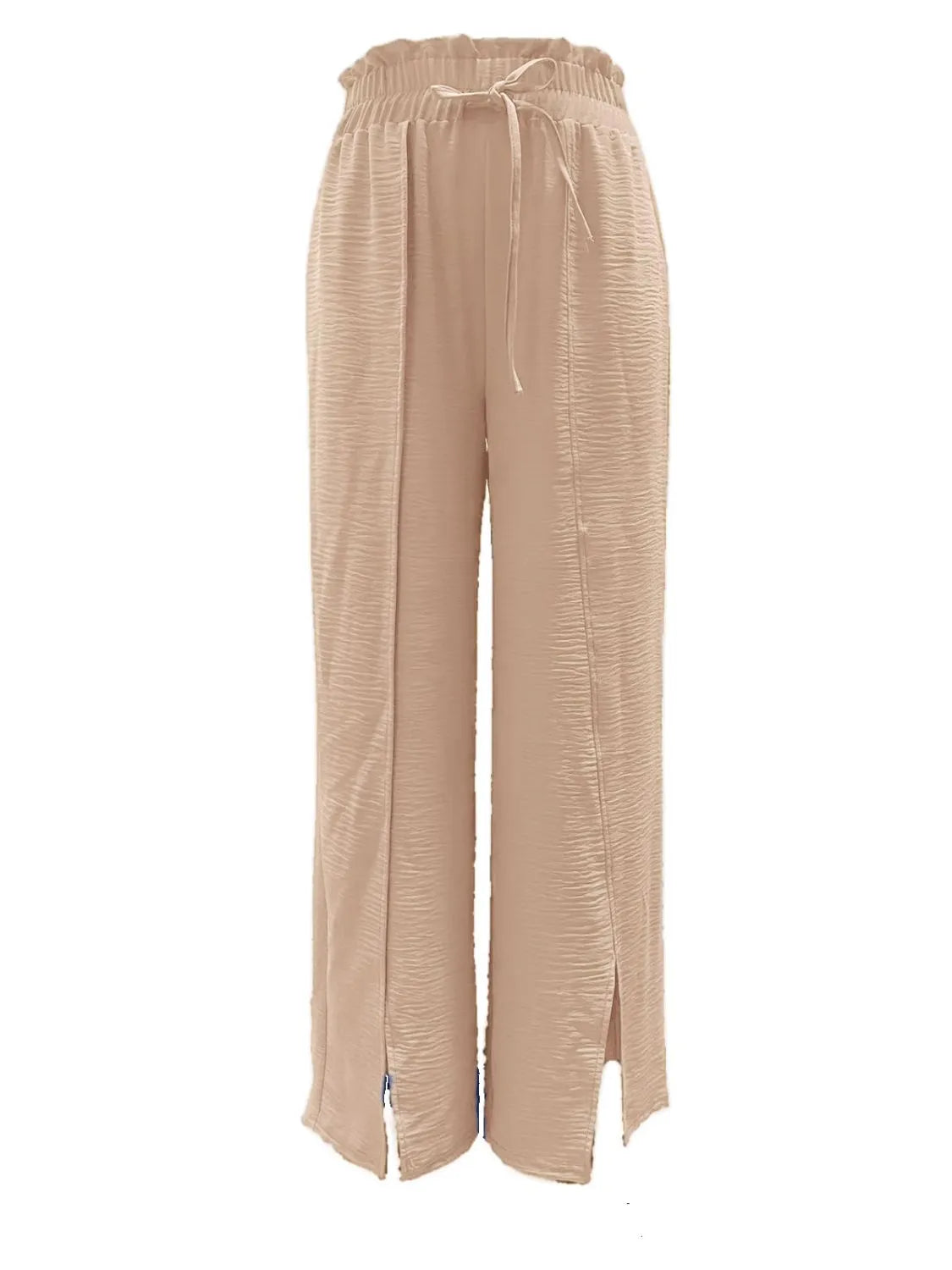 Slit wide leg pants with frill.