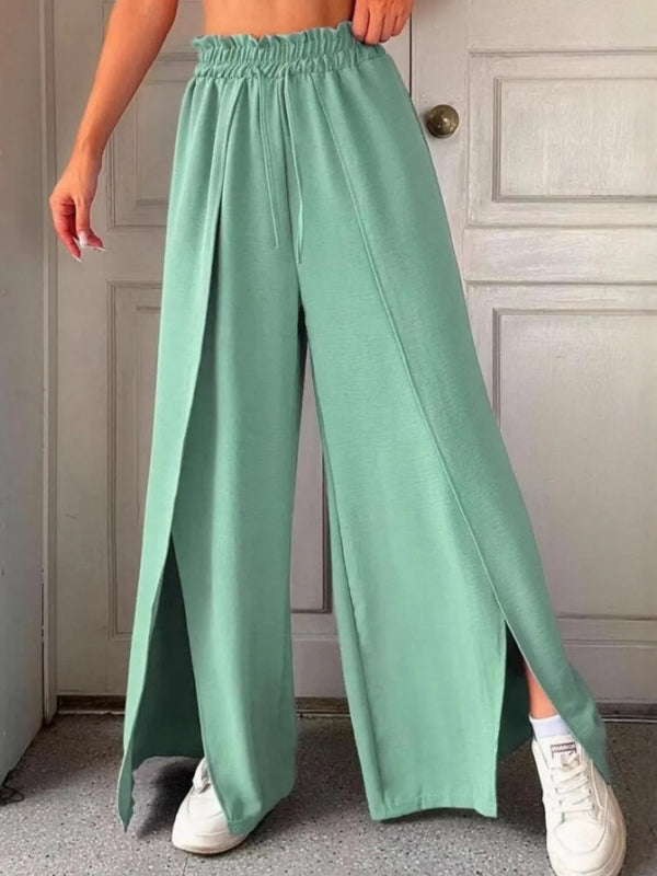 Slit wide leg pants with frill.