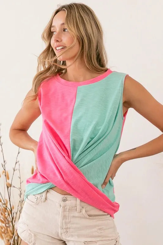 Slub terry color block twisted top, slightly stretchy.