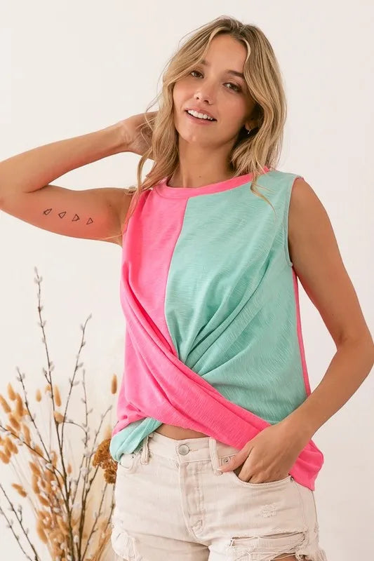Slub terry color block twisted top, slightly stretchy.