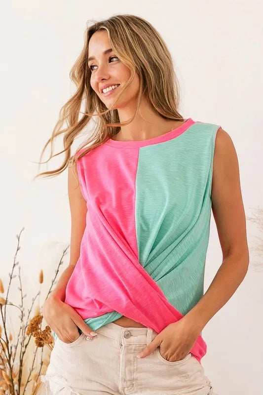 Slub terry color block twisted top, slightly stretchy.
