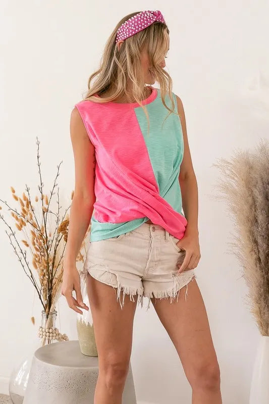 Slub terry color block twisted top, slightly stretchy.