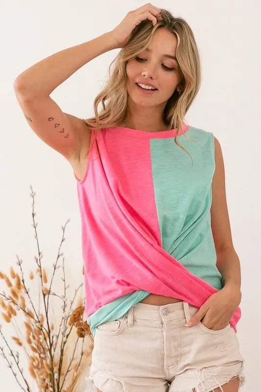 Slub terry color block twisted top, slightly stretchy.