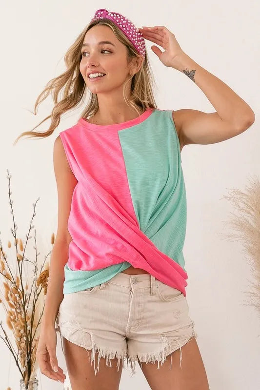Slub terry color block twisted top, slightly stretchy.