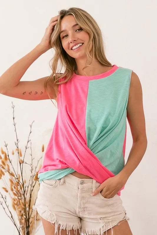Slub terry color block twisted top, slightly stretchy.