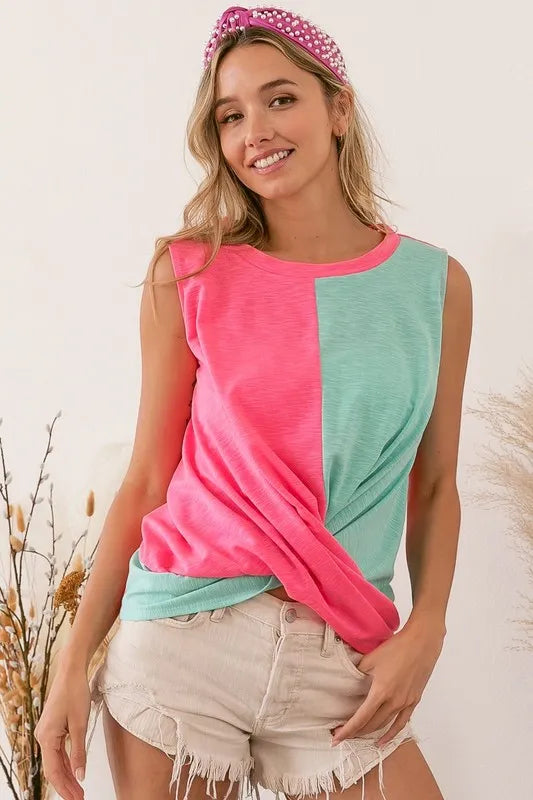 Slub terry color block twisted top, slightly stretchy.