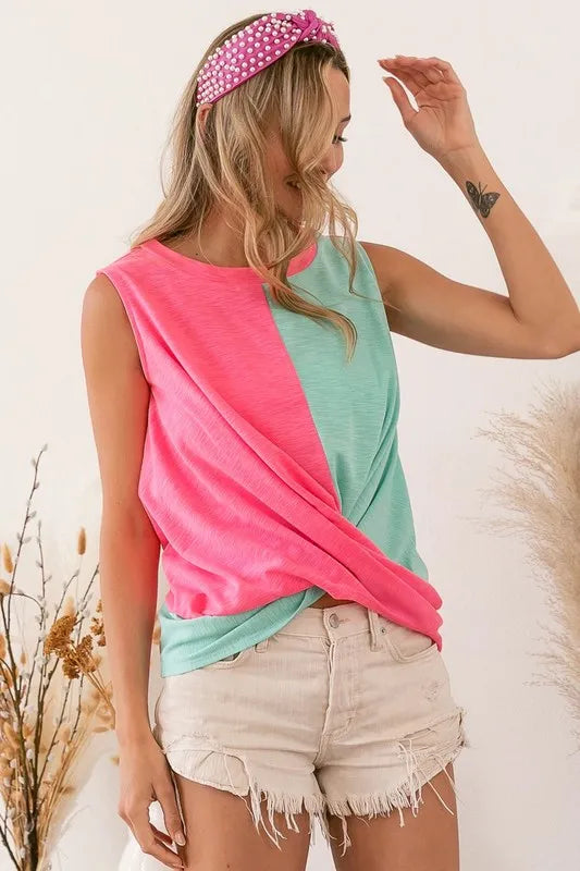 Slub terry color block twisted top, slightly stretchy.