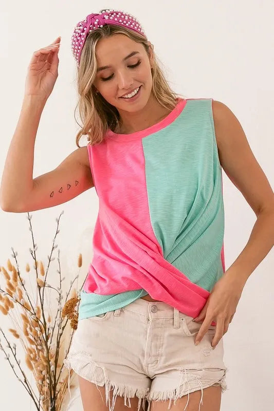 Slub terry color block twisted top, slightly stretchy.