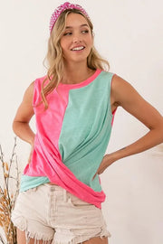 Slub terry color block twisted top, slightly stretchy.