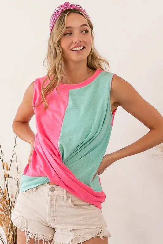 Slub terry color block twisted top, slightly stretchy.