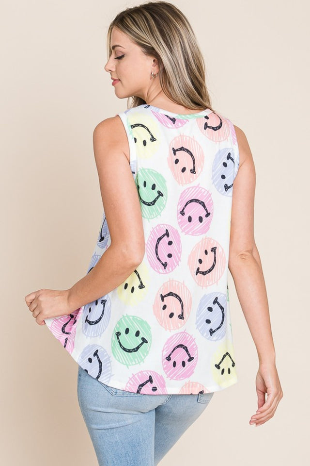 Smiley face round neck tank, opaque and slightly stretchy.
