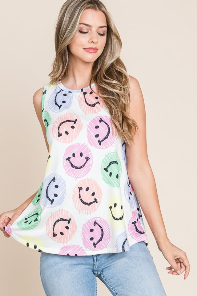 Smiley face round neck tank, opaque and slightly stretchy.