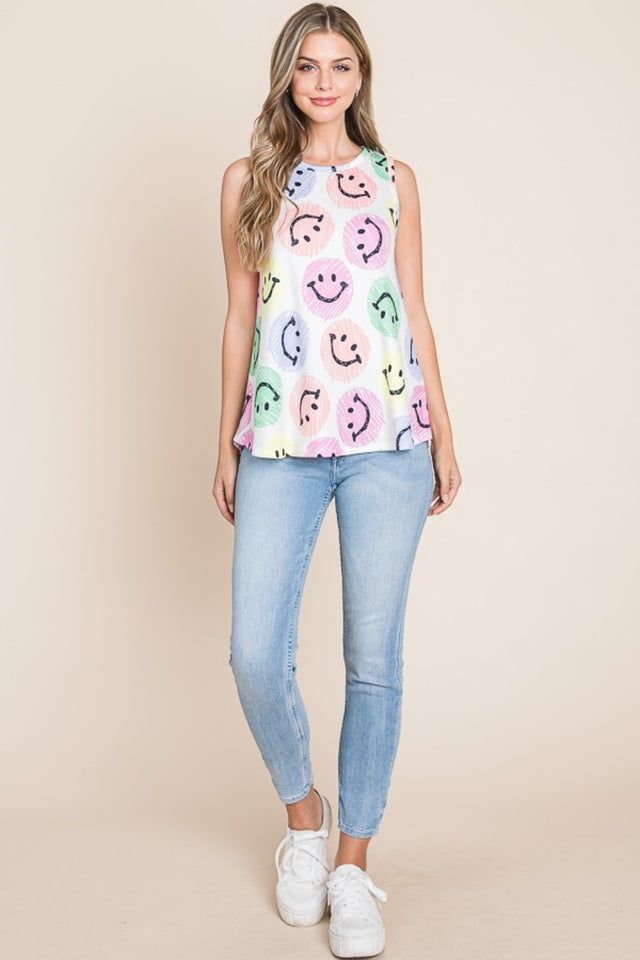 Smiley face round neck tank, opaque and slightly stretchy.