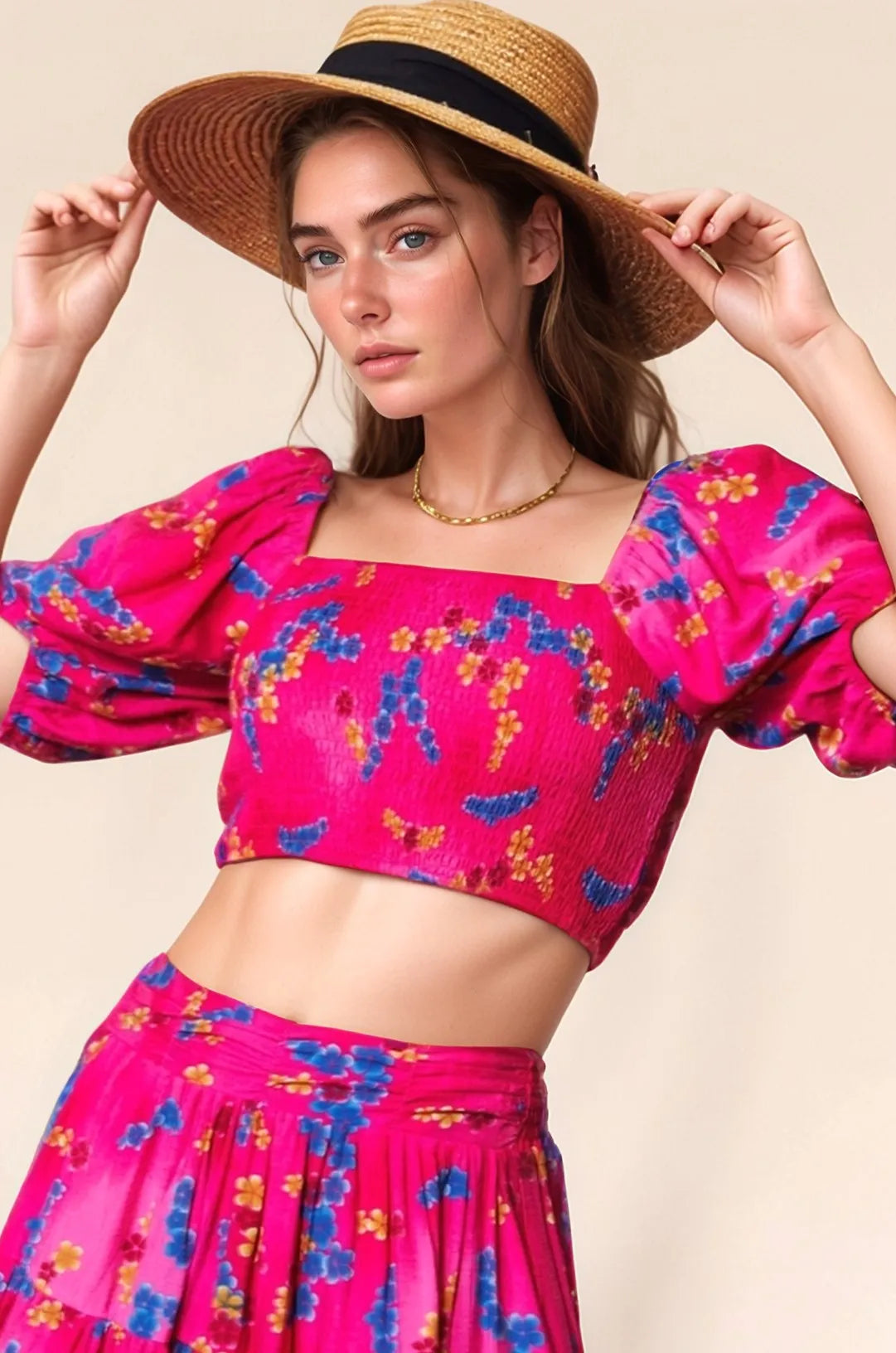 Davi Dani Smocing Bodice Puff Short Sleeve Printed Crop Top.