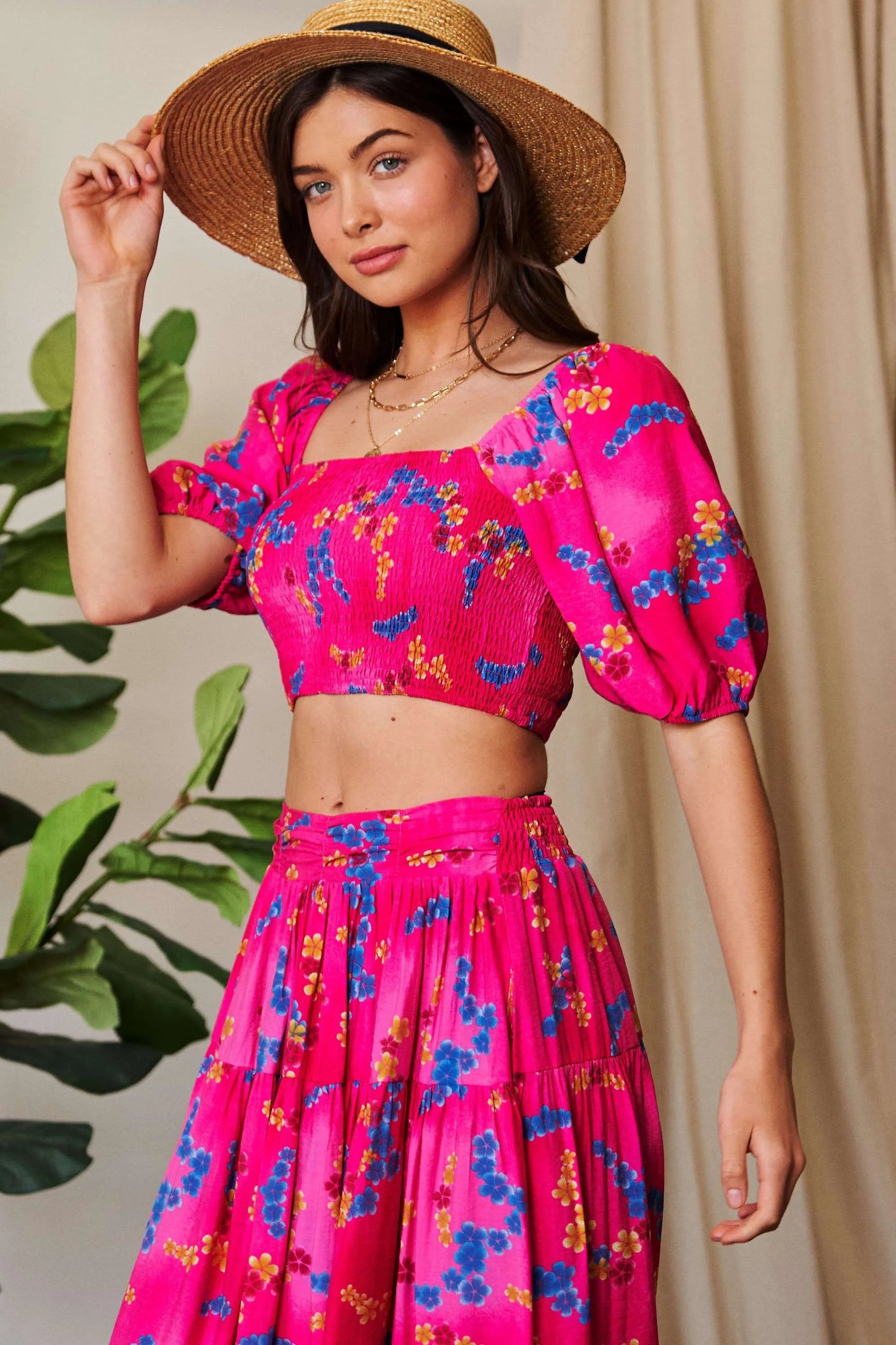 Davi Dani Smocing Bodice Puff Short Sleeve Printed Crop Top.
