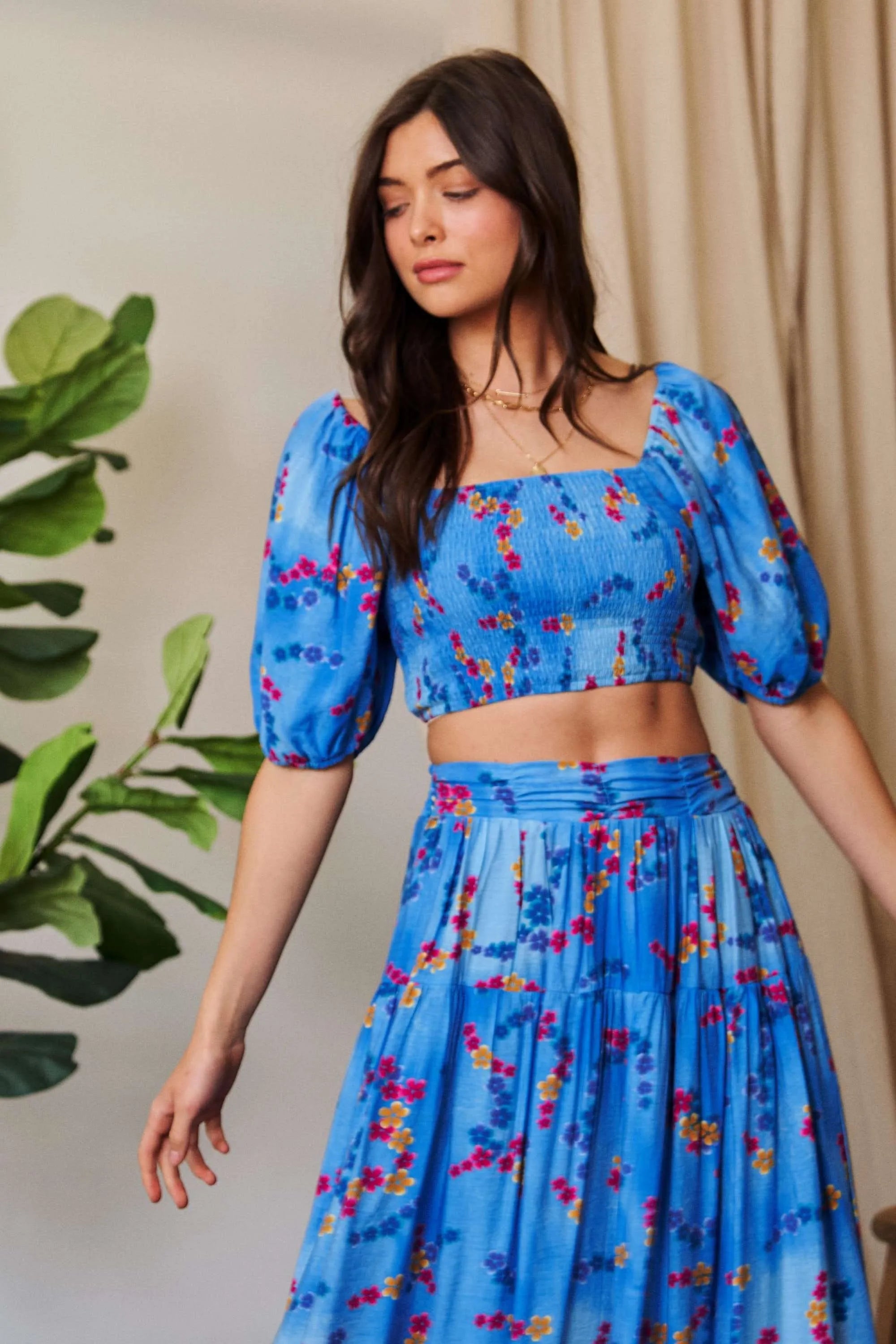 Davi Dani Smocing Bodice Puff Short Sleeve Printed Crop Top.