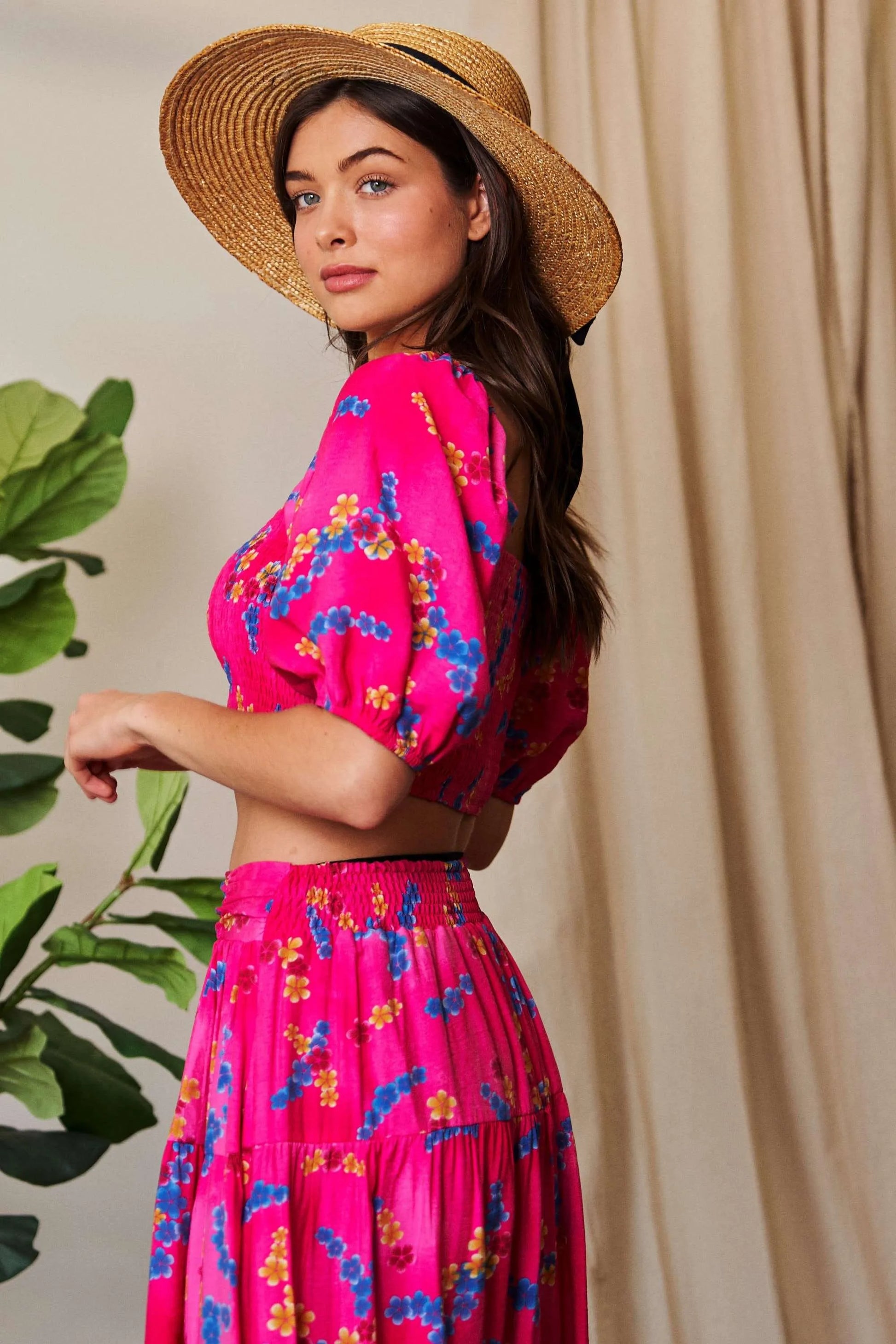 Davi Dani Smocing Bodice Puff Short Sleeve Printed Crop Top.