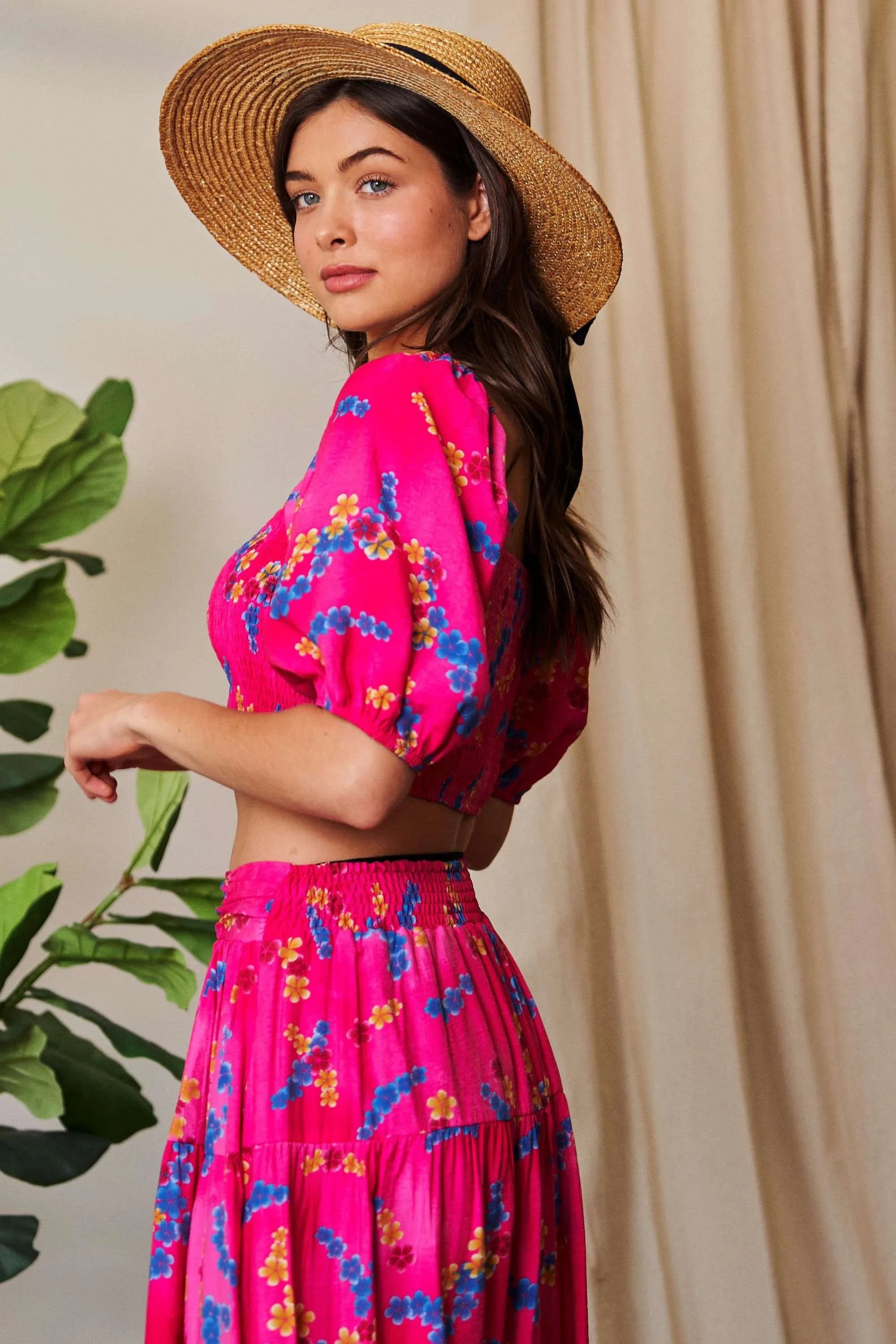Davi Dani Smocing Bodice Puff Short Sleeve Printed Crop Top.