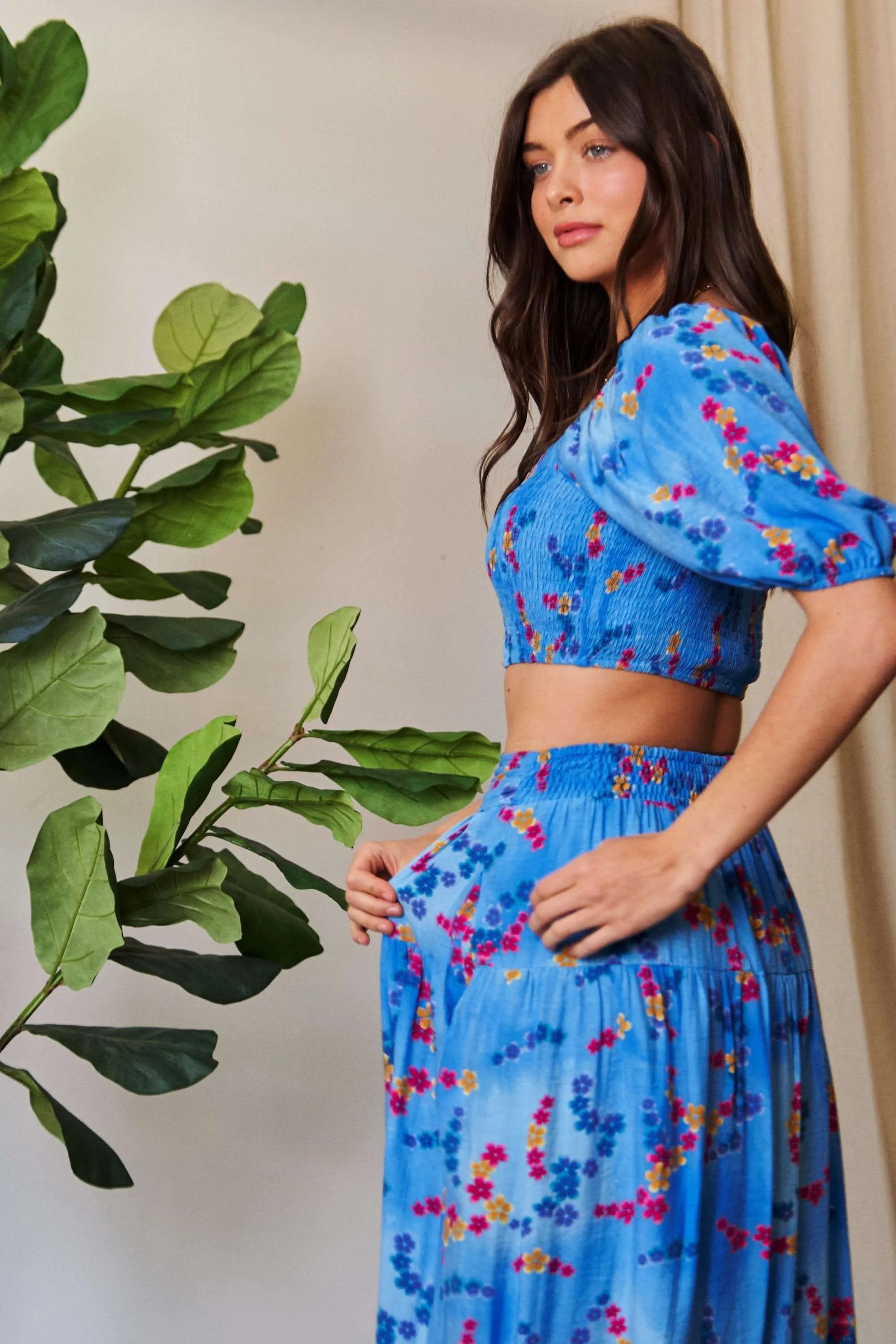 Davi Dani Smocing Bodice Puff Short Sleeve Printed Crop Top.