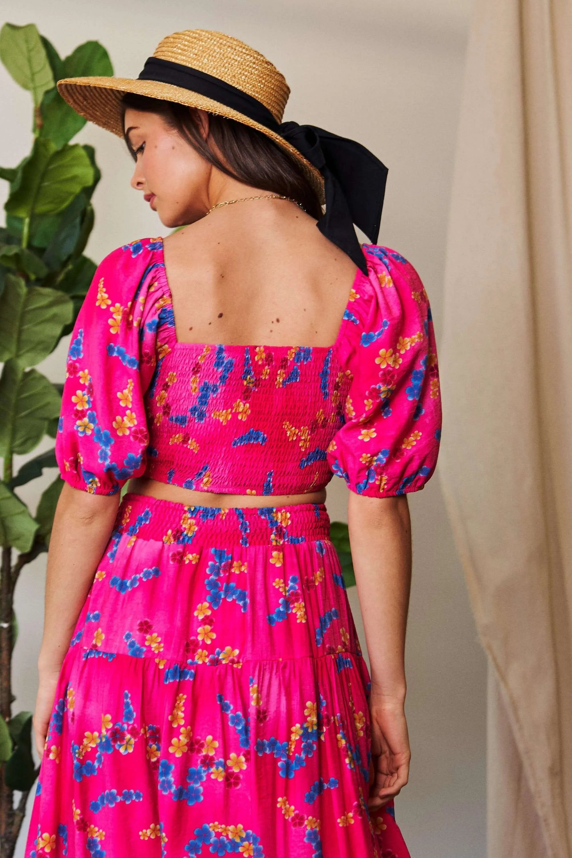 Davi Dani Smocing Bodice Puff Short Sleeve Printed Crop Top.