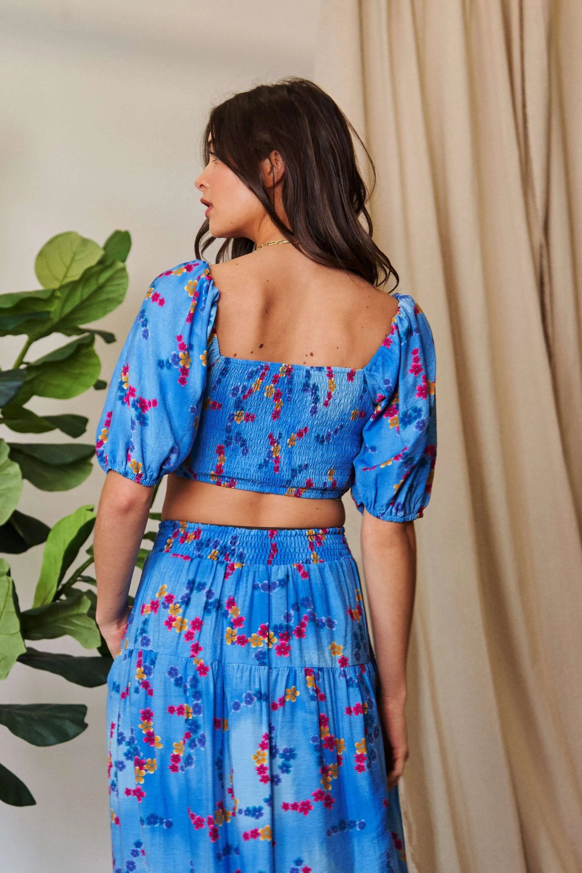 Davi Dani Smocing Bodice Puff Short Sleeve Printed Crop Top.