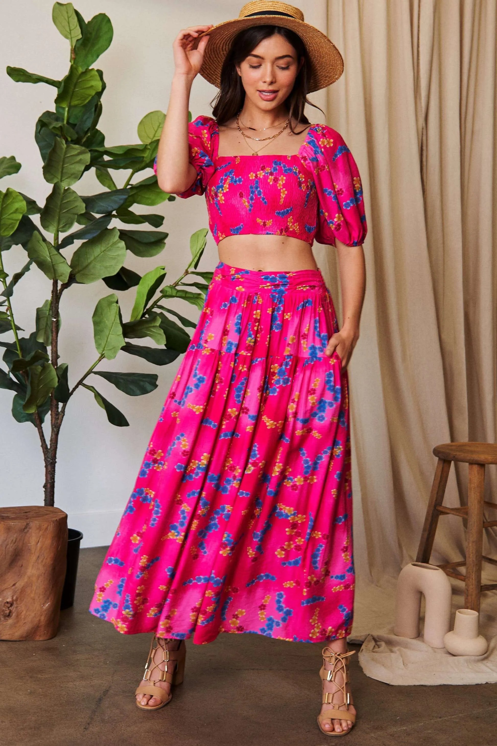 Davi Dani Smocing Bodice Puff Short Sleeve Printed Crop Top.
