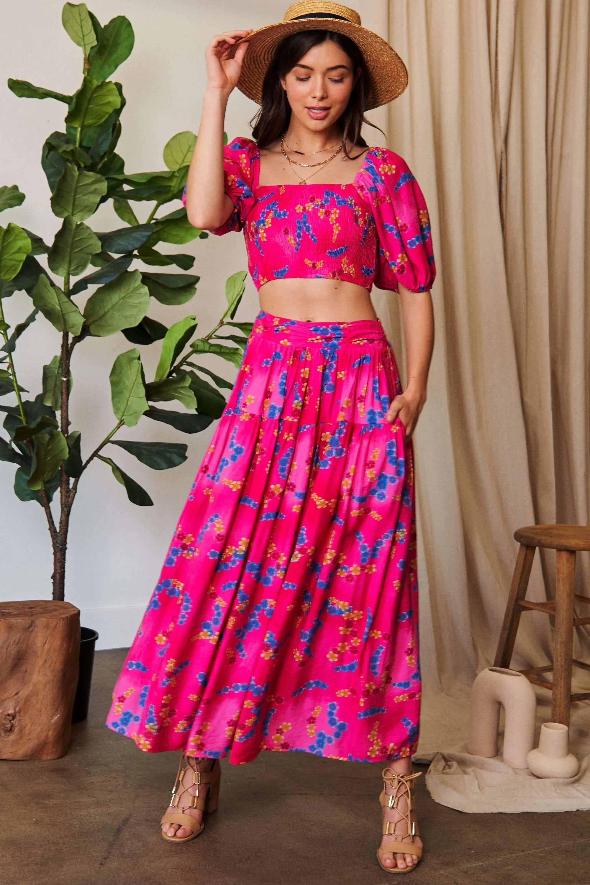 Davi Dani Smocing Bodice Puff Short Sleeve Printed Crop Top.