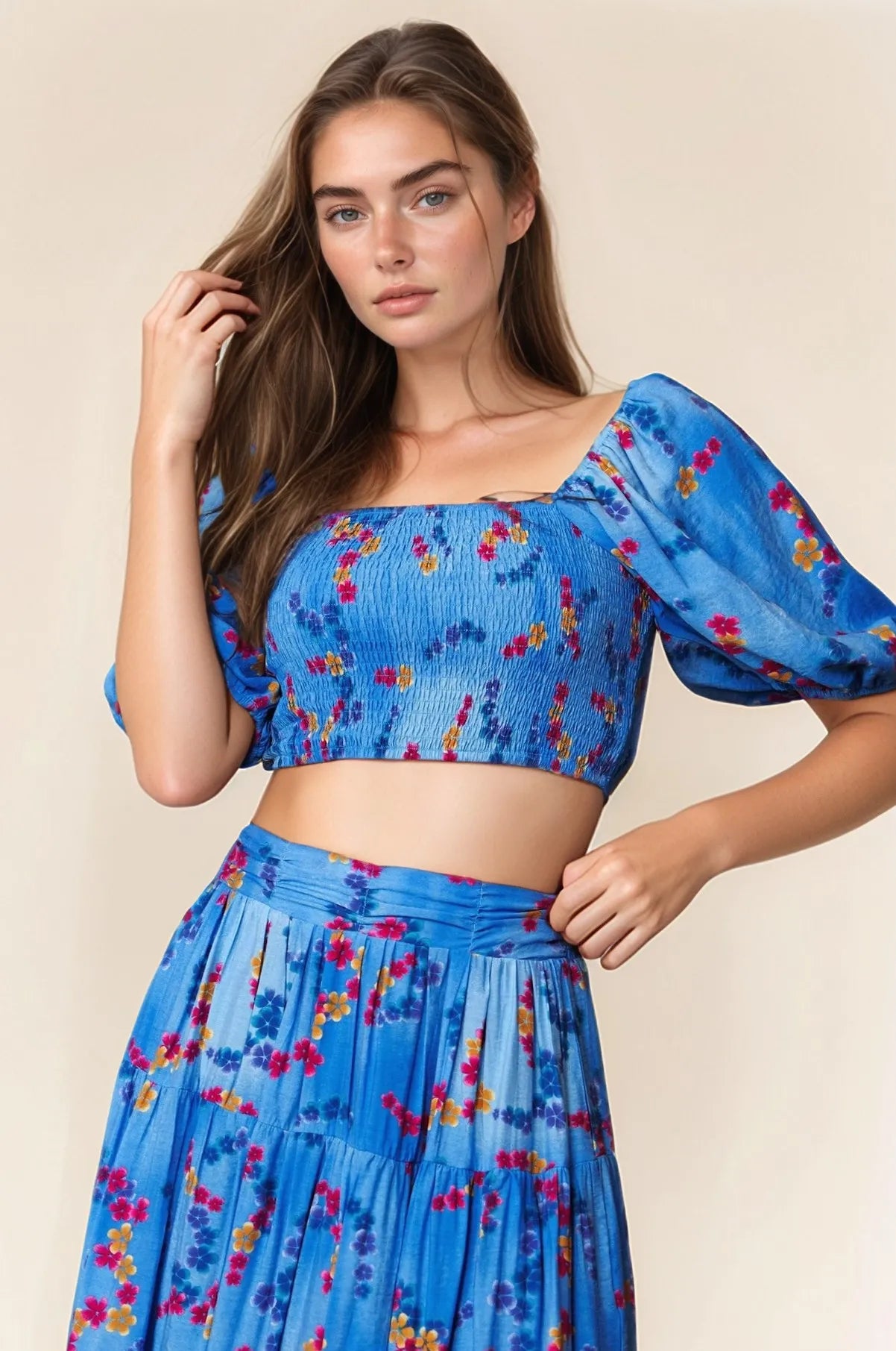 Davi Dani Smocing Bodice Puff Short Sleeve Printed Crop Top.