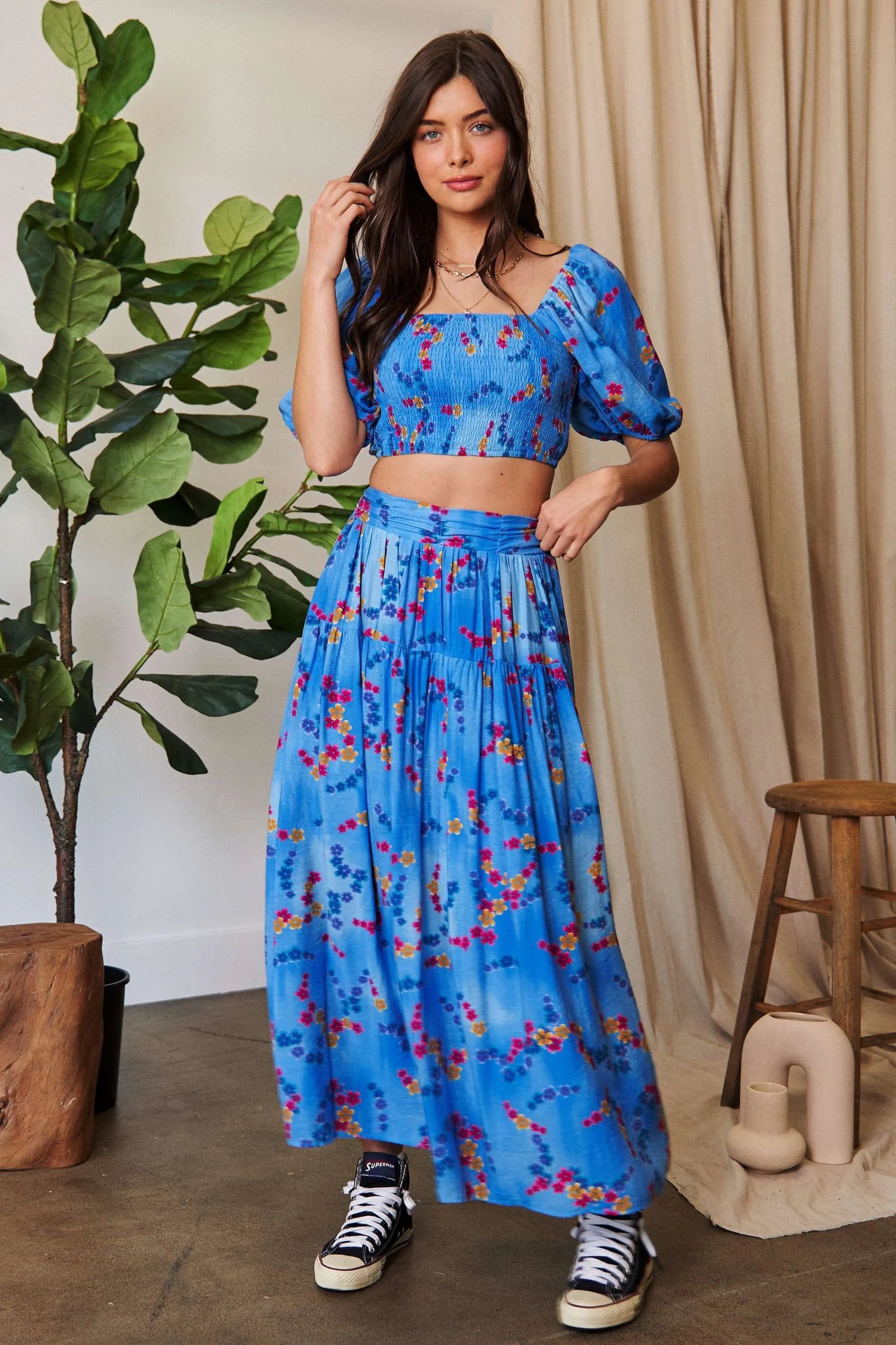 Davi Dani Smocing Bodice Puff Short Sleeve Printed Crop Top.