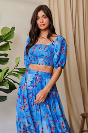 Davi Dani Smocing Bodice Puff Short Sleeve Printed Crop Top.