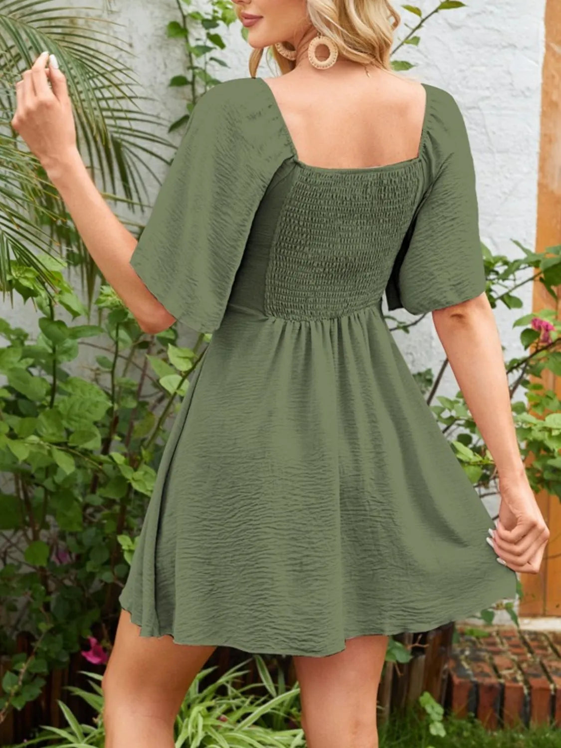 Smocked Back Knotted Flutter Sleeve Dress.
