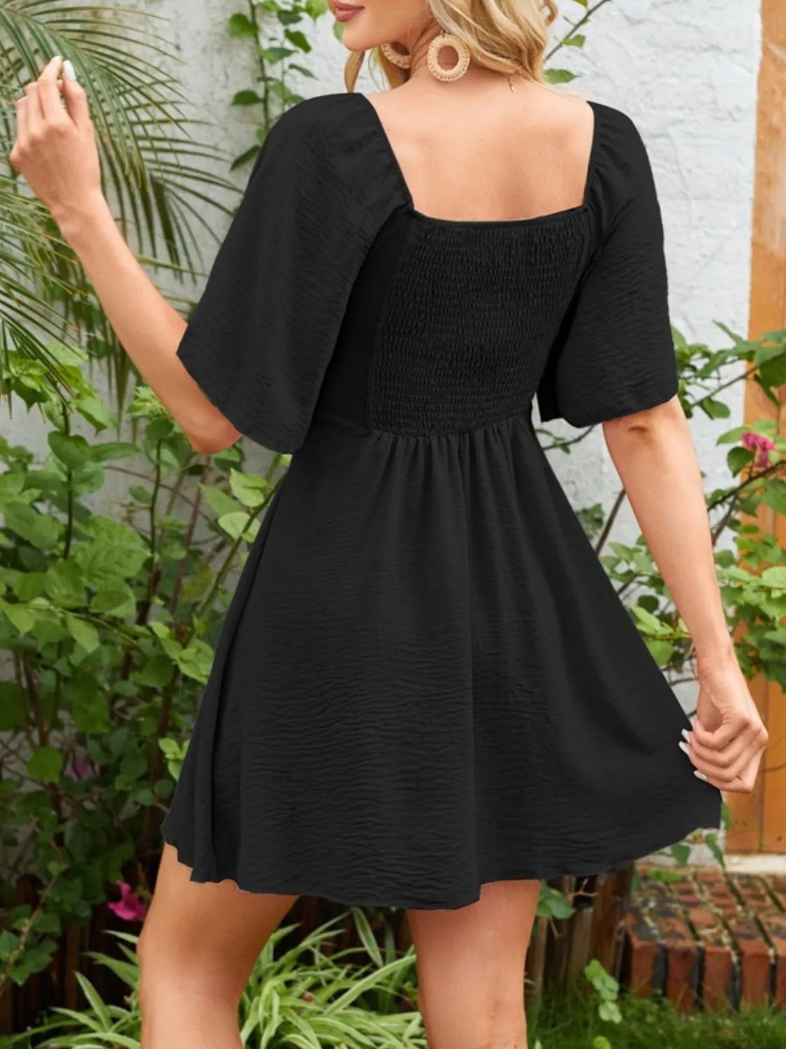 Smocked Back Knotted Flutter Sleeve Dress.