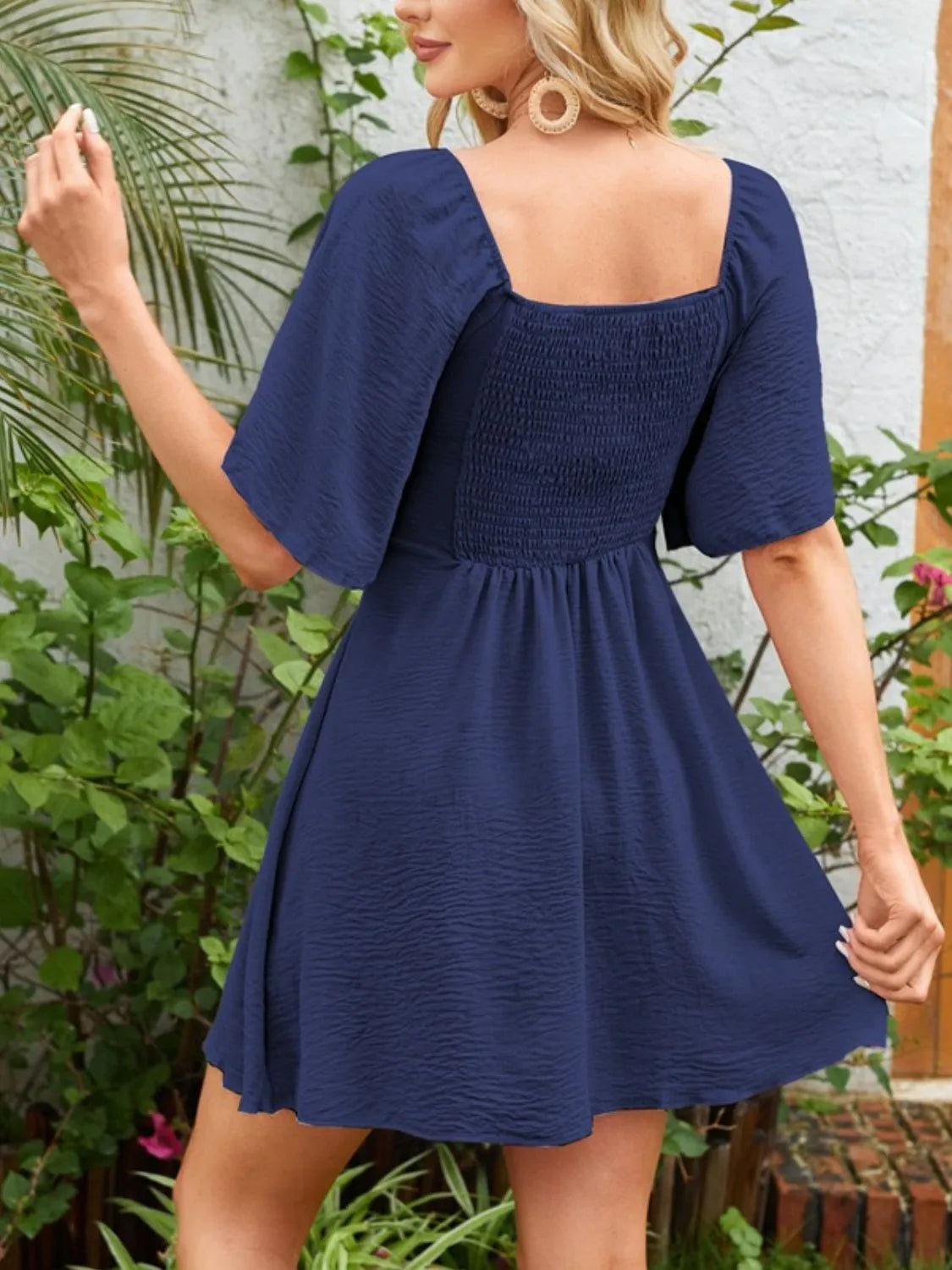 Smocked Back Knotted Flutter Sleeve Dress.