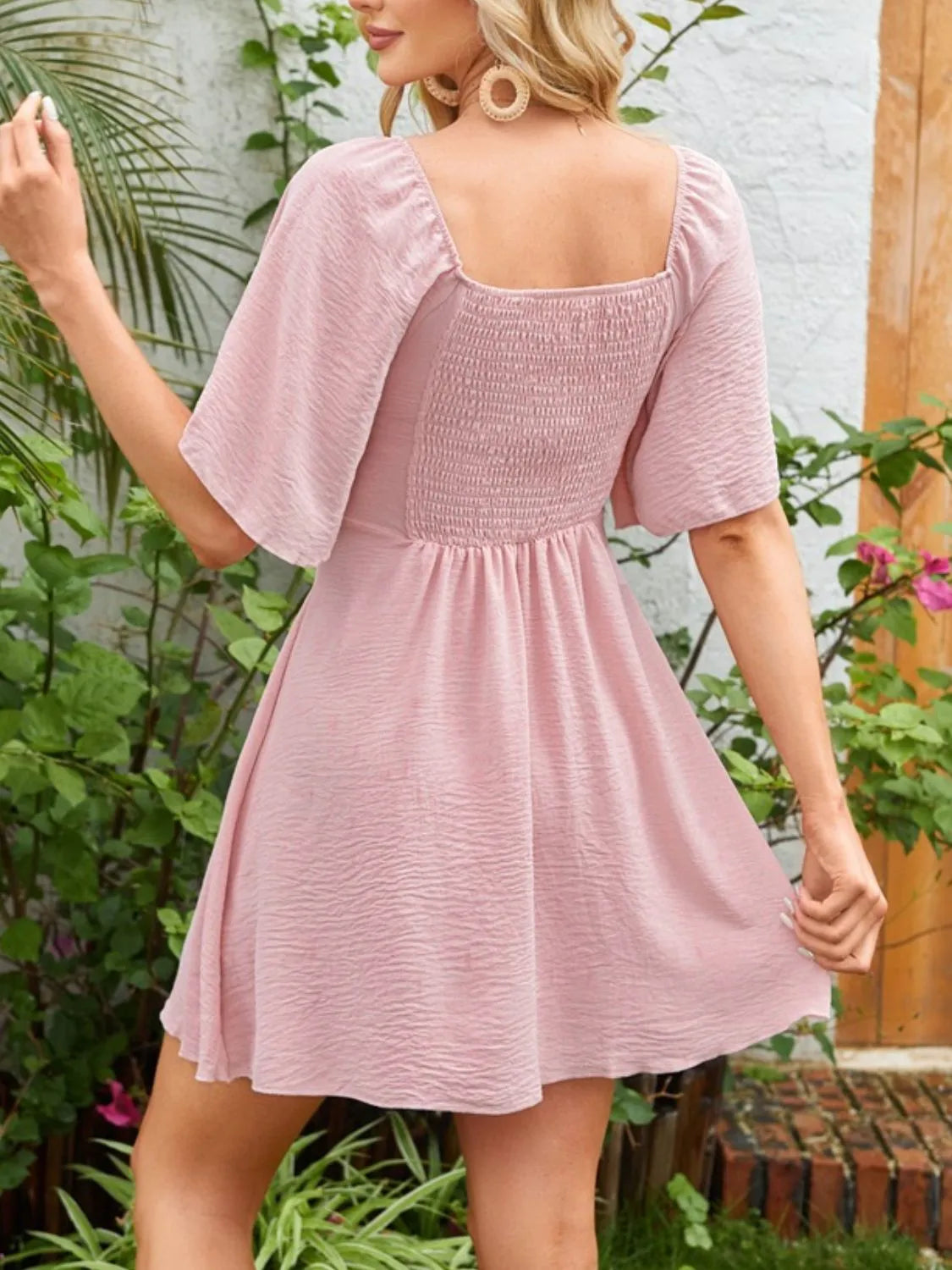 Smocked Back Knotted Flutter Sleeve Dress.
