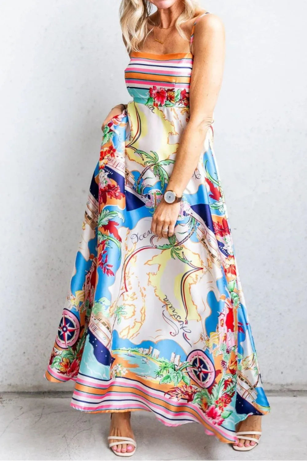 Smocked Back Printed Square Neck Maxi Cami Dress with Pockets.