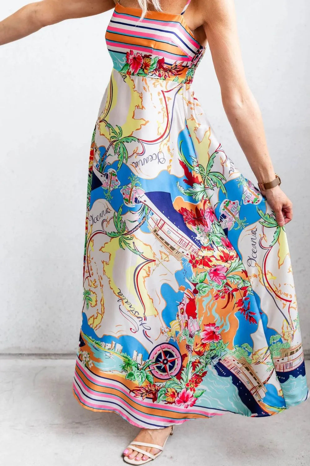 Smocked Back Printed Square Neck Maxi Cami Dress with Pockets.