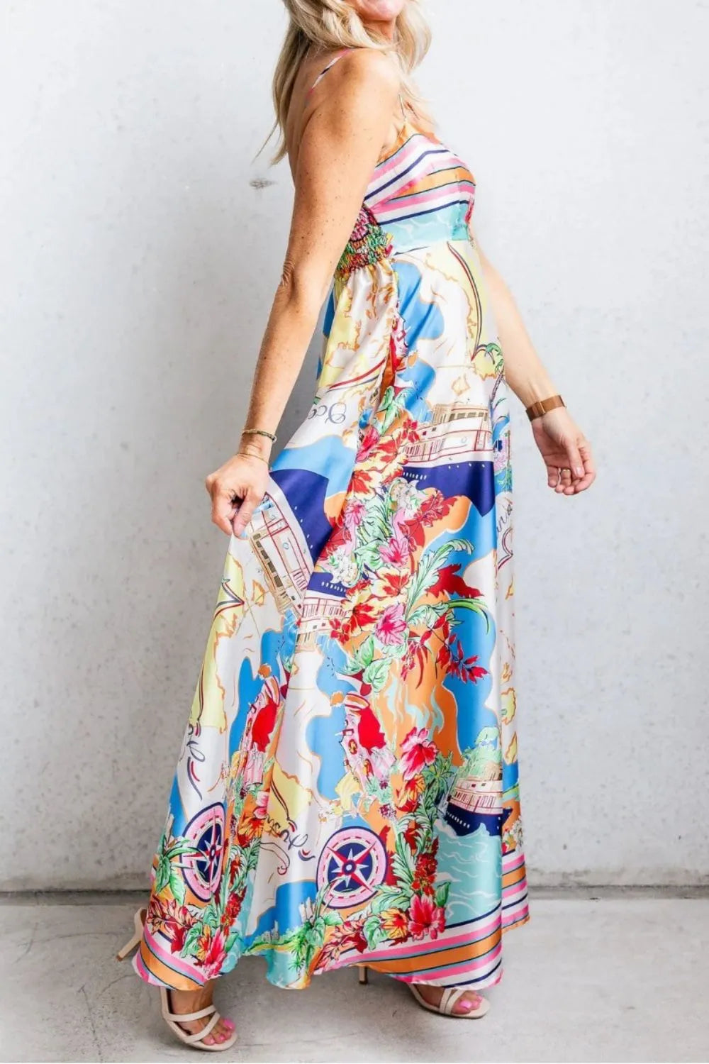 Smocked Back Printed Square Neck Maxi Cami Dress with Pockets.