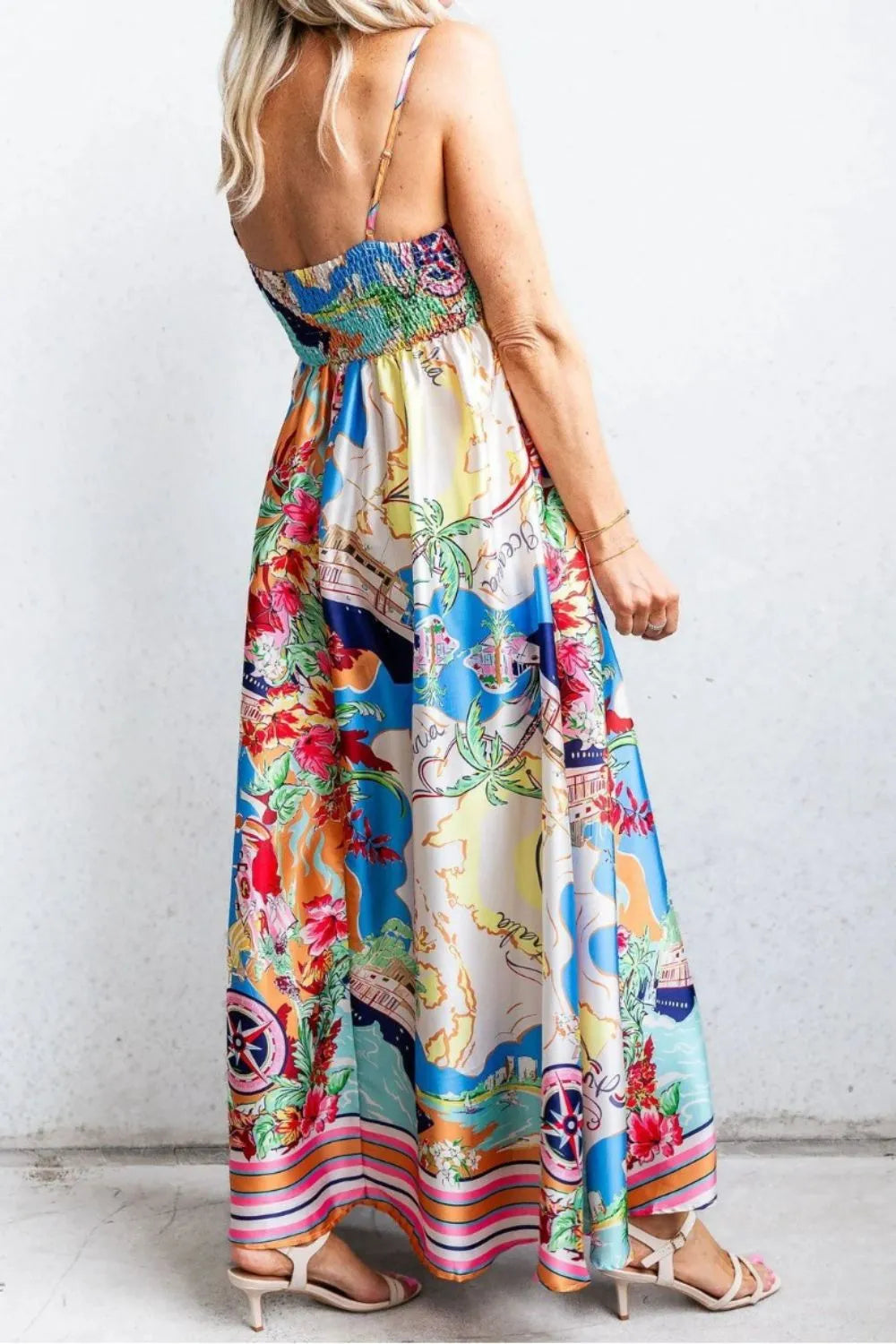 Smocked Back Printed Square Neck Maxi Cami Dress with Pockets.