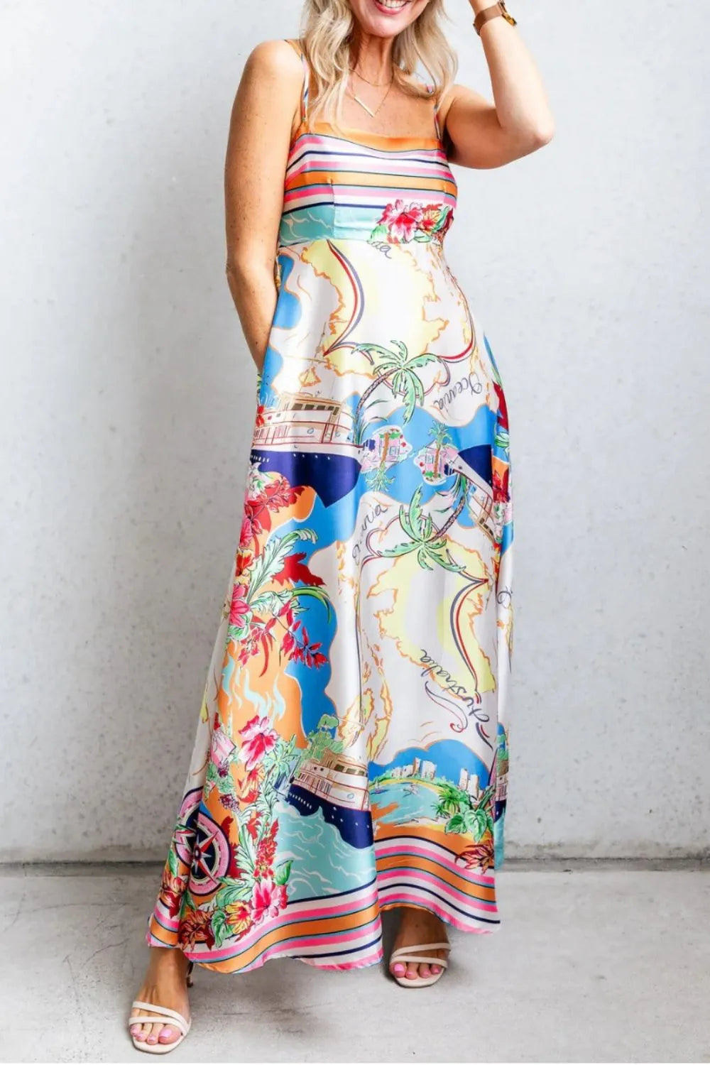 Smocked Back Printed Square Neck Maxi Cami Dress with Pockets.