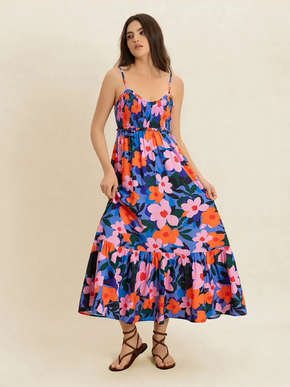 Smocked Back Ruffled Hem Printed Cami Dress.