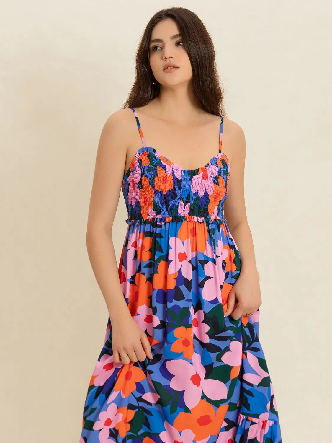 Smocked Back Ruffled Hem Printed Cami Dress.